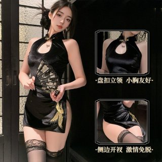 Vintage-inspired cheongsam style lingerie set featuring sheer fabric and cut-out details, perfect for a sultry night out.