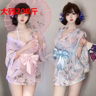 Two models showcase the plus size japanese kimono lingerie set with bow print, featuring a sexy sheer robe and floral print s...