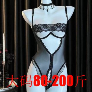Black lace bodysuit with push-up cups, open-crotch design, and sheer panels—sexy plus-size lingerie for small busts.