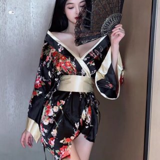 A woman poses elegantly in a plus-size seductive geisha lingerie set, featuring a japanese kimono-inspired design with floral...