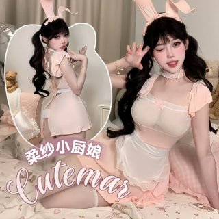 Model wearing plus size sexy lace bunny girl costume set with sheer mesh and ruffled trim for cosplay maid outfit.