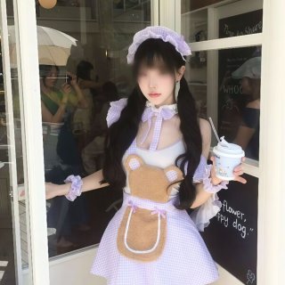 A stylish maid costume featuring a charming apron with a bear design, perfect for adding a sweet and playful touch to any out...