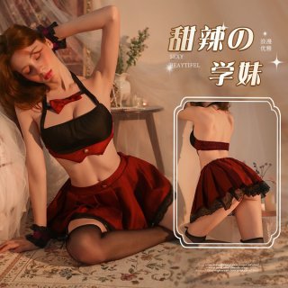 Sexy student roleplay lingerie featuring a red bow and pleated skirt, perfect for jk uniform sets.