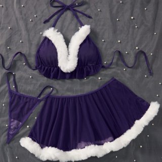 Purple bunny girl lingerie set with white fur trim, featuring a halter neck top and flirty skirt for playful roleplay.