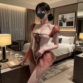 Woman in pink pure & playful lingerie set, cute student-style open-crotch bodysuit with hook closure, no-remove sleepwear.