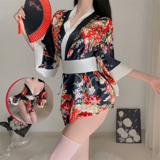 A woman models a vibrant floral japanese kimono-style lingerie set, featuring bold reds and blacks with elegant white accents...