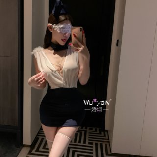 Woman in pure & tempting lingerie set — modest secretary-style bodycon skirt sleepwear with lace mask, pearls, and thigh-high...
