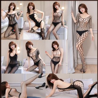 Woman modeling qingran sexy sheer mesh bodysuit with open-crotch design, featuring transparent lingerie set in various poses.