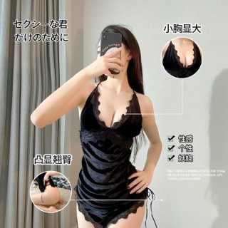 Woman modeling black qingran velvet sleep dress with lace trim, side slit, and tied back detail in mirror selfie.