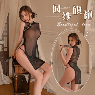 Vintage sheer mesh lace cheongsam dress, elegant nightgown and lingerie set for women, perfect for special occasions.
