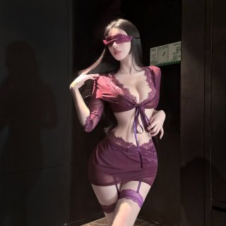 Woman wearing qingshe lace lingerie set with eye mask, featuring deep purple tones and sensual design.