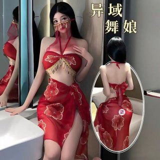 Dancer-inspired red sheer hanfu lingerie featuring gold-embossed patterns, elegant design, perfect for festive occasions.