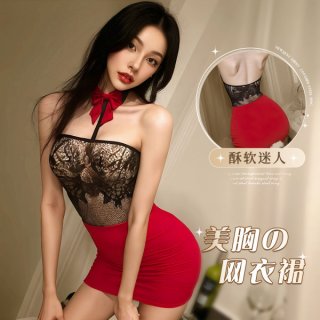 Woman wearing qqny pure temptation lingerie set – red mesh skirt with black lace bodice and bow choker, stylish bedside secre...