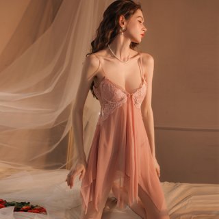 Woman wearing qqny pink lace lingerie set with sheer robe, featuring underwire push-up bra and matching panty for sensual app...