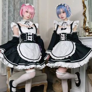 Two cosplayers dressed as ram and rem from re:zero, wearing maid outfits in lolita style. black and white dresses with ruffle...