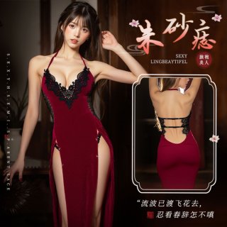 Elegant deep v sleep dress with high slit, luxurious velvet fabric, perfect for seductive nightwear.