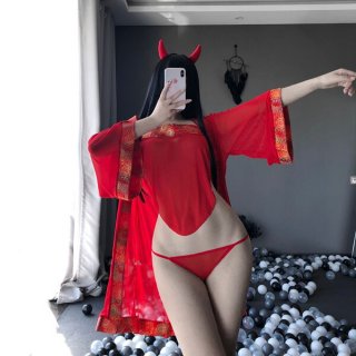 Red embroidered chinese tang suit lingerie - sheer seductive lace costume for adults, featuring devil horns and flowing cape,...
