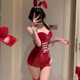 Red rabbit girl costume set - sexy christmas lingerie & pure temptation sleepwear outfit for women, featuring festive bunny e...