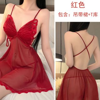 Red sexy lace sleep dress - backless sheer plus size lingerie for small bust, pure temptation nightwear
