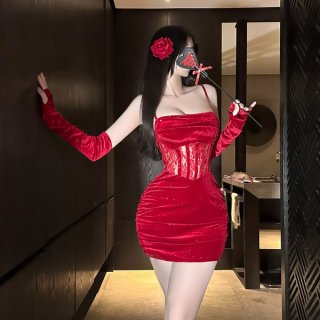 Red velvet sexy new year lingerie dress – sheer lace bodycon with sparkling rhinestones & backless design