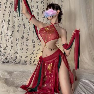 Ruolan sensual dunhuang flying apsara lingerie set – exotic hook-neck belly dance costume featuring intricate designs and flo...