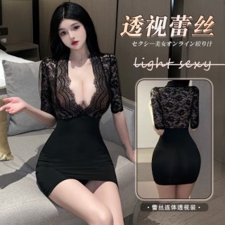 Woman modeling black lace ol secretary skirt set with sheer top and fitted mini skirt, perfect for nightclub allure.