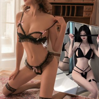 Seductive lace & pearl sheer lingerie set - transparent sensual three-piece costume outfit with delicate lace and pearl accen...