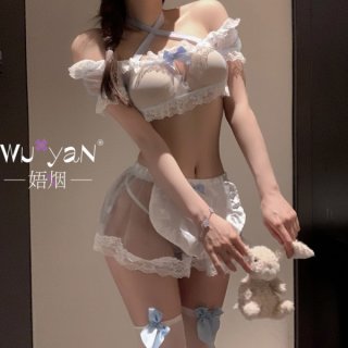 Woman wearing white lace maid sleepwear set with blue bows, sheer skirt, and thigh-high stockings holding a plush bunny.