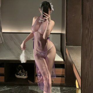 Seductive purple cheongsam lingerie set - sheer mesh split dress with ties, no-remove design