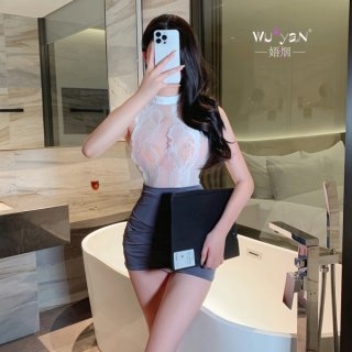 Woman in seductive secretary-style lingerie set with lace top and mini skirt, holding a folder, perfect for intimate moments.