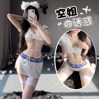 Woman modeling a white airline-themed lingerie set with blue trim, featuring a crop top, mini skirt, and lace thigh-highs.