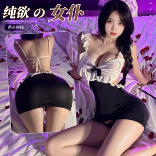 Woman modeling a sensual lace deep v-neck bodysuit with open-crotch design, featuring elegant maid-inspired styling and delic...