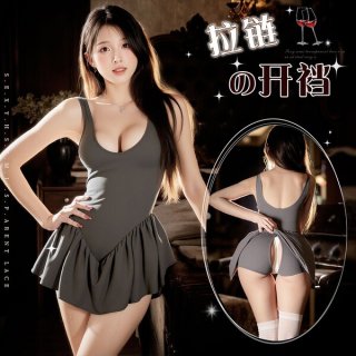 Sensual lace open-crotch zipper dress, featuring sheer mesh fabric, perfect for adults seeking allure and sophistication.