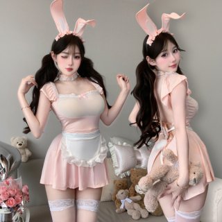 Pink bunny maid costume with lace trim, sheer mesh bodice, white apron, and matching ears. adjustable straps for a snug fit.