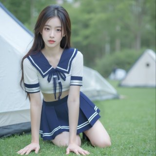 Woman in sensual secretarial bodysuit with airline uniform style skirt, posing outdoors on grass near tents.