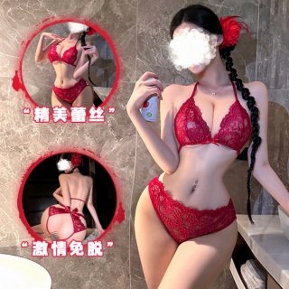 Woman modeling red lace babydoll nightgown with butterfly straps and push-up bra, sheer design, romantic lingerie set.