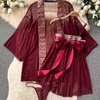 Sensual sheer lingerie sleep gown set featuring vintage chinese style hanfu design with floral patterns, elegant bow tie, and...
