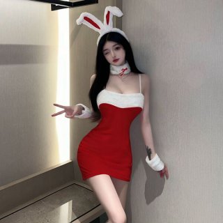 Sexy bunny girl costume set - christmas role play outfit, featuring a tight mini dress with white fur trim and matching acces...