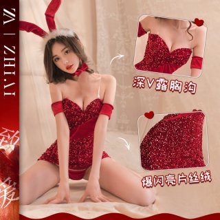 Sexy christmas lingerie set - red sparkly bunny girl outfit, featuring deep v-neckline and glittery bodysuit with rabbit ears...