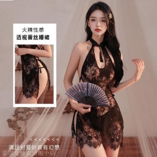 Woman modeling black lace cheongsam lingerie with sheer cutouts, holding a fan. seductive sleepwear set for small bust.