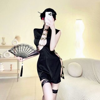 Sexy lace cheongsam lingerie set - sheer mesh role play sleepwear for women, passionate costume outfit featuring elegant blac...
