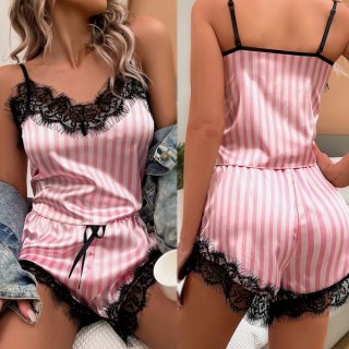 Sexy lace lingerie set featuring elegant pink and white stripes with black lace trimmings, perfect for womens sleepwear and r...