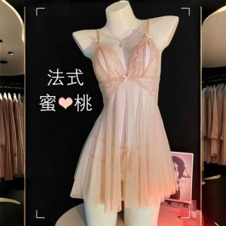 Sheer pink lace lingerie sleep dress with open-crotch design, displayed on mannequin.