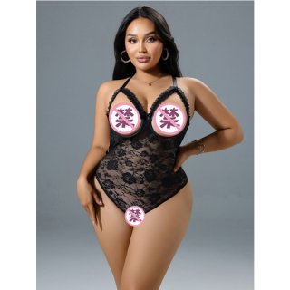 Sexy black lace see-through lingerie set with open-crotch design, sheer mesh sleepwear for women.