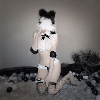 Sexy maid costume lingerie set featuring black and white ruffled top with fishnet stockings, perfect for seductive role play ...