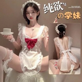 Woman modeling white lace maid costume with red bow, sheer back, and garter stockings. sexy lingerie sleep dress set for wome...