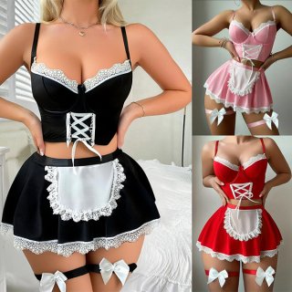 Sexy maid costume for women featuring sheer mesh lingerie sleep dress with lace trim and thong, perfect for role play outfits...