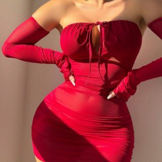 Sexy off-shoulder backless bodycon dress featuring ruffled tie-strap detail and flared sleeves, perfect for bold fashion stat...