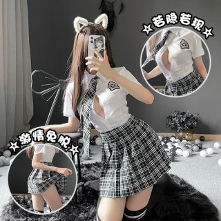 Sexy plaid student uniform set - seductive jk style pleated skirt with open-crotch design, pure & tempting outfit