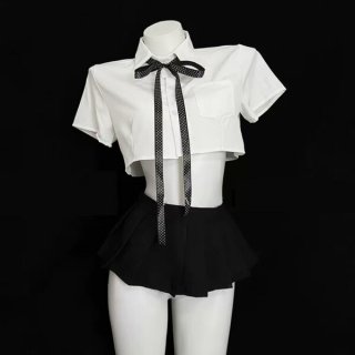 Sexy pure-yu style lingerie set featuring a short skirt and crop top with a polka dot tie, perfect for a stylish jk uniform l...